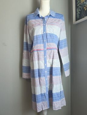 Tommy Hilfiger Blue, White and Pink Striped Long Sleeve Shirt Dress Size Large